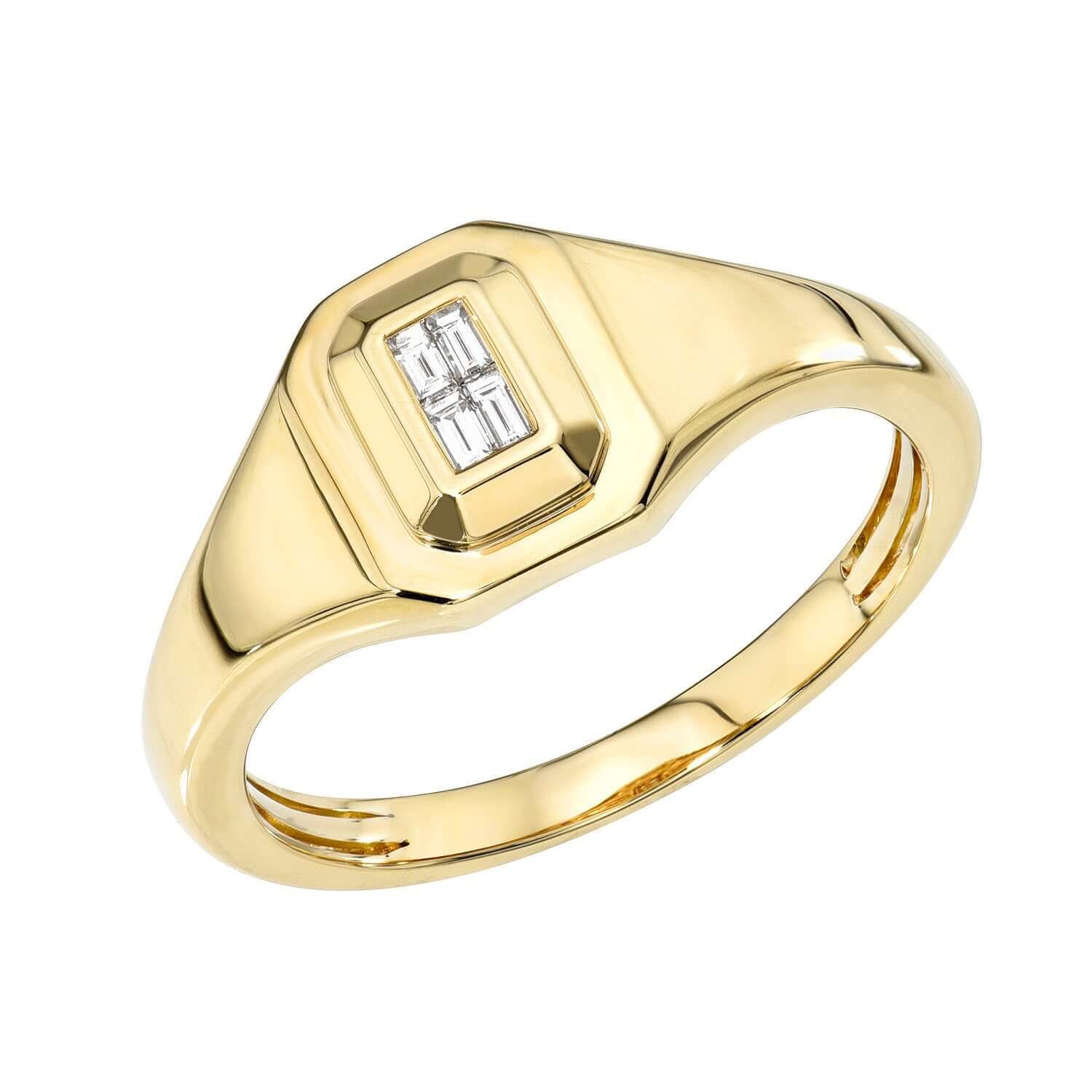 The Geo Cut Baguette Diamond Signet Ring by Janet Heller features a polished gold finish and a rectangular top set with three baguette-cut diamonds. This modern fine jewelry piece is available for preorder.