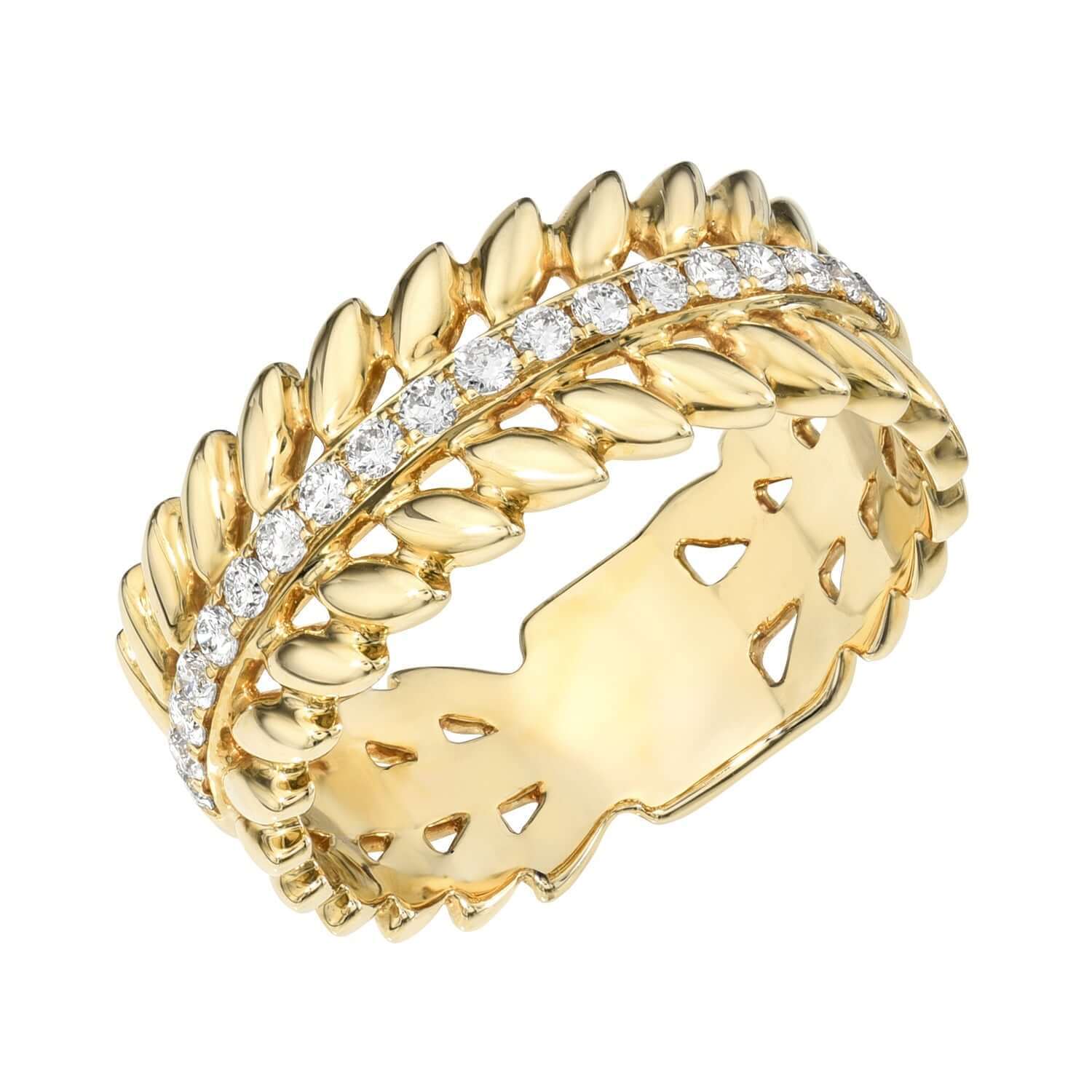Introducing the Chunky Diamond Wreath Ring—a gold ring with a laurel leaf design, beautifully adorned with a row of small, round white diamonds set along the center. This elegant piece from Janet Heller Fine Jewelry is available in your preferred ring size and can also be reserved as a preorder ring.