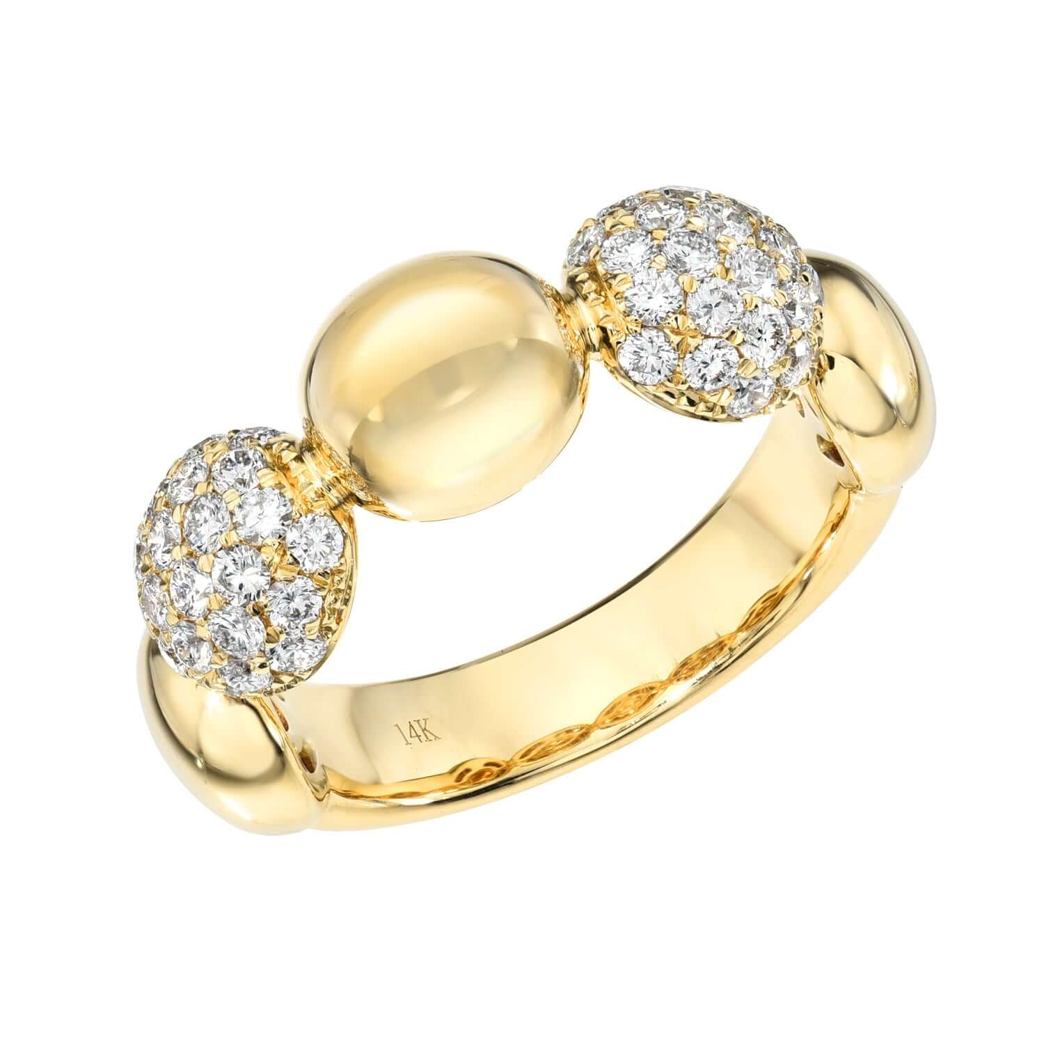 Discover the Large Alternating Pave Diamond Bubble Ring, a masterpiece of fine jewelry. This stunning gold ring features a smooth oval centerpiece flanked by larger sections adorned with small diamonds and an inner band engraved with 14K. Available for preorder now.