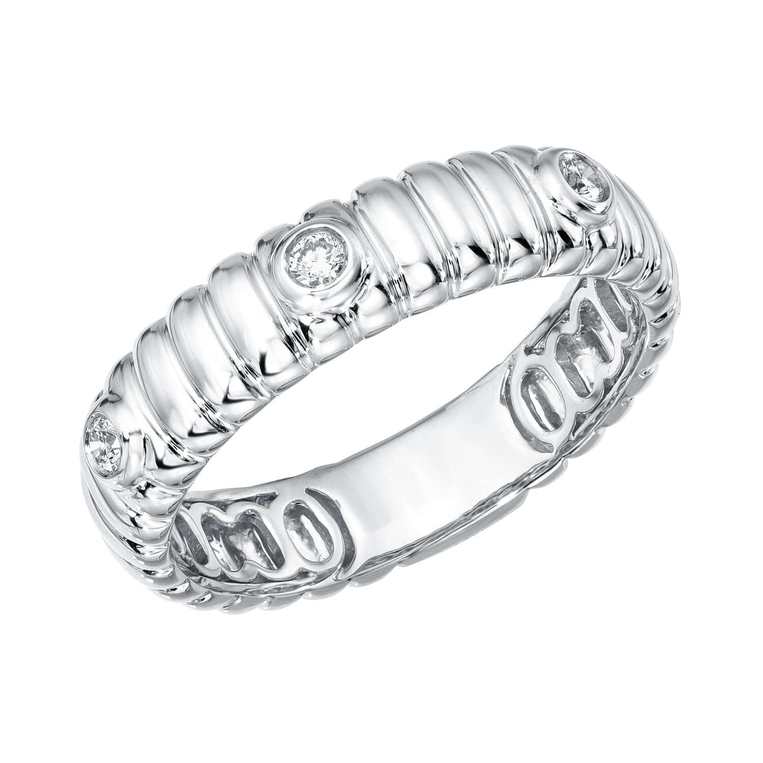 The Diamond Rowan Bezel Ridge Band is a stunning silver ring with a ribbed texture and five evenly spaced round diamonds. Its shiny, reflective surface enhances the intricate design, making it a must-have for any collection. Available for preorder now.