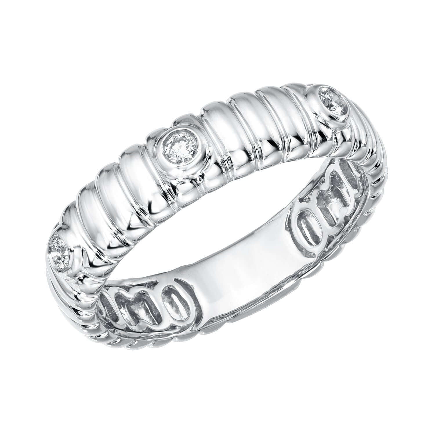 The Diamond Rowan Bezel Ridge Band by Janet Heller Fine Jewelry features four bezel-set round diamonds evenly spaced on a ribbed silver band with a smooth inner finish. Available in multiple ring sizes as a preorder item.