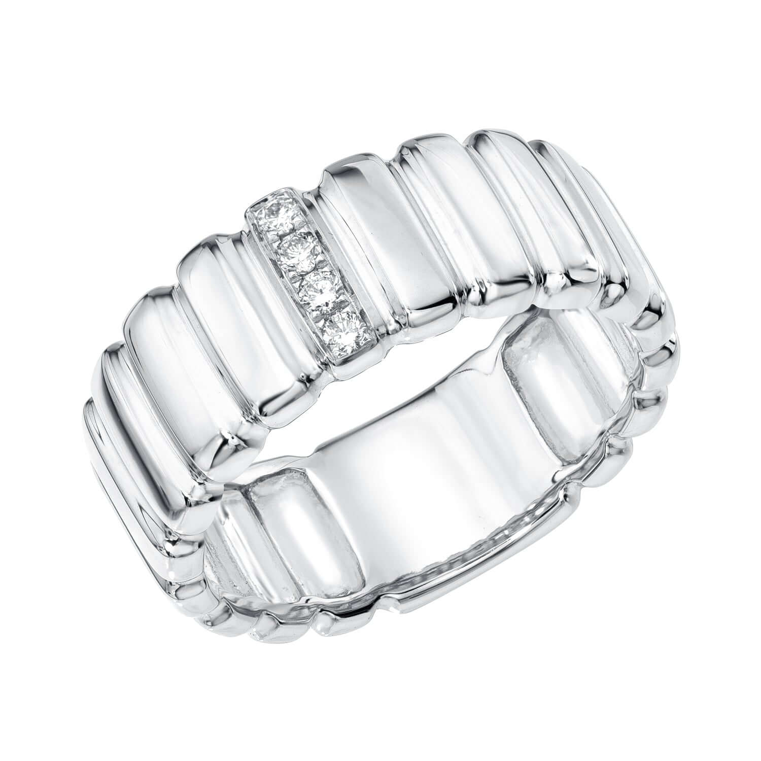 The Diamond Ridge Rio Ring is an exquisite silver band available for preorder, featuring a ribbed design with a row of small, sparkling diamonds elegantly set across the top to elevate any ensemble.
