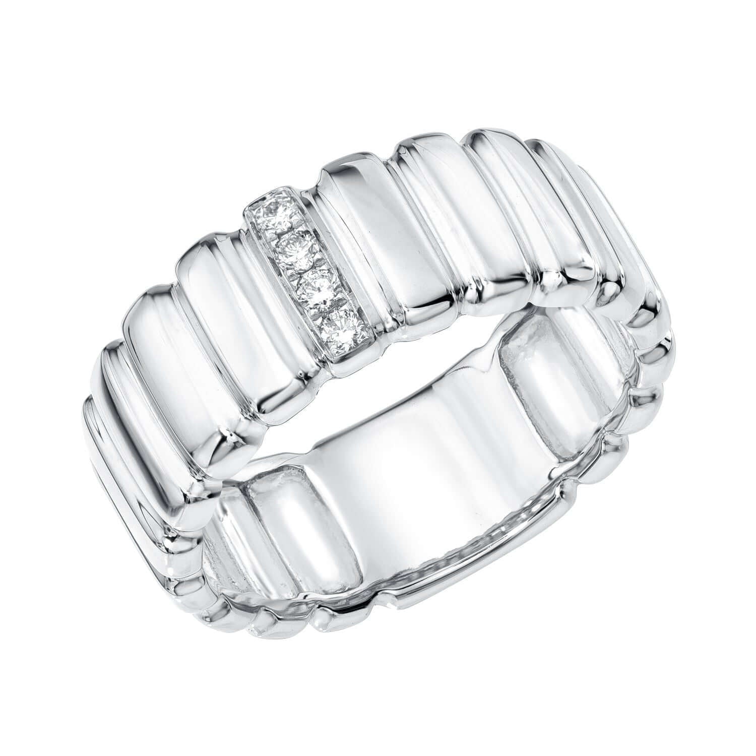 Preorder the Diamond Ridge Rio Ring by Janet Heller—a wide silver band with a ribbed, segmented design and four small diamonds across the top. Specify your ring size to reserve this stunning fine jewelry piece.