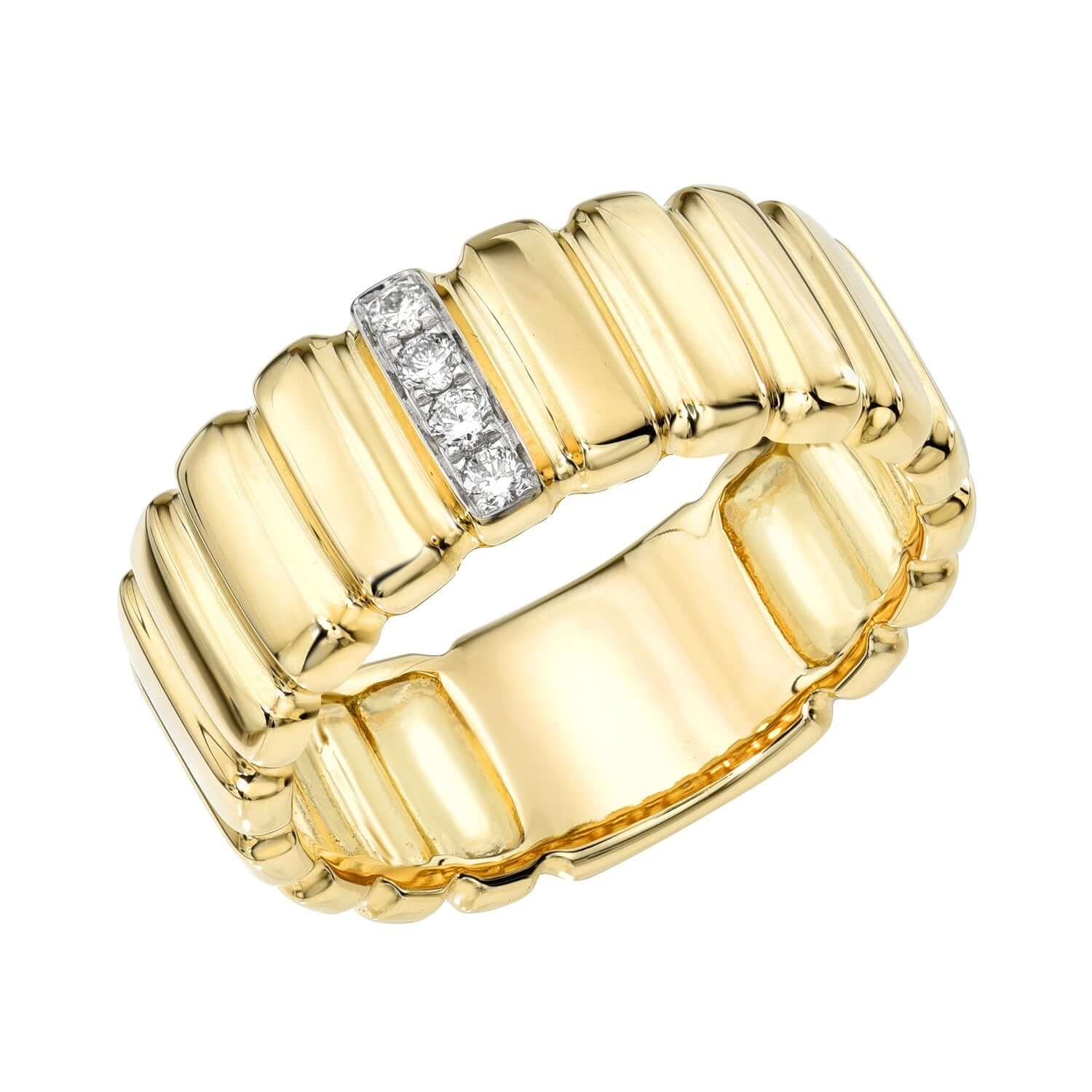 The Diamond Ridge Rio Ring is a gold piece featuring a grooved, ribbed design with three small diamonds set horizontally on top. Now available for preorder, this elegant jewelry promises timeless style.
