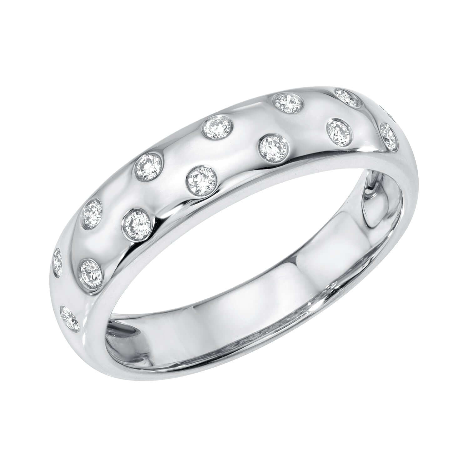 The Scattered Diamond Ring from Janet Heller Fine Jewelry is a silver band with a smooth surface, featuring small, evenly spaced circular diamond insets. Its shiny, polished finish and elegant design make it ideal for timeless style seekers. Preorder now!.
