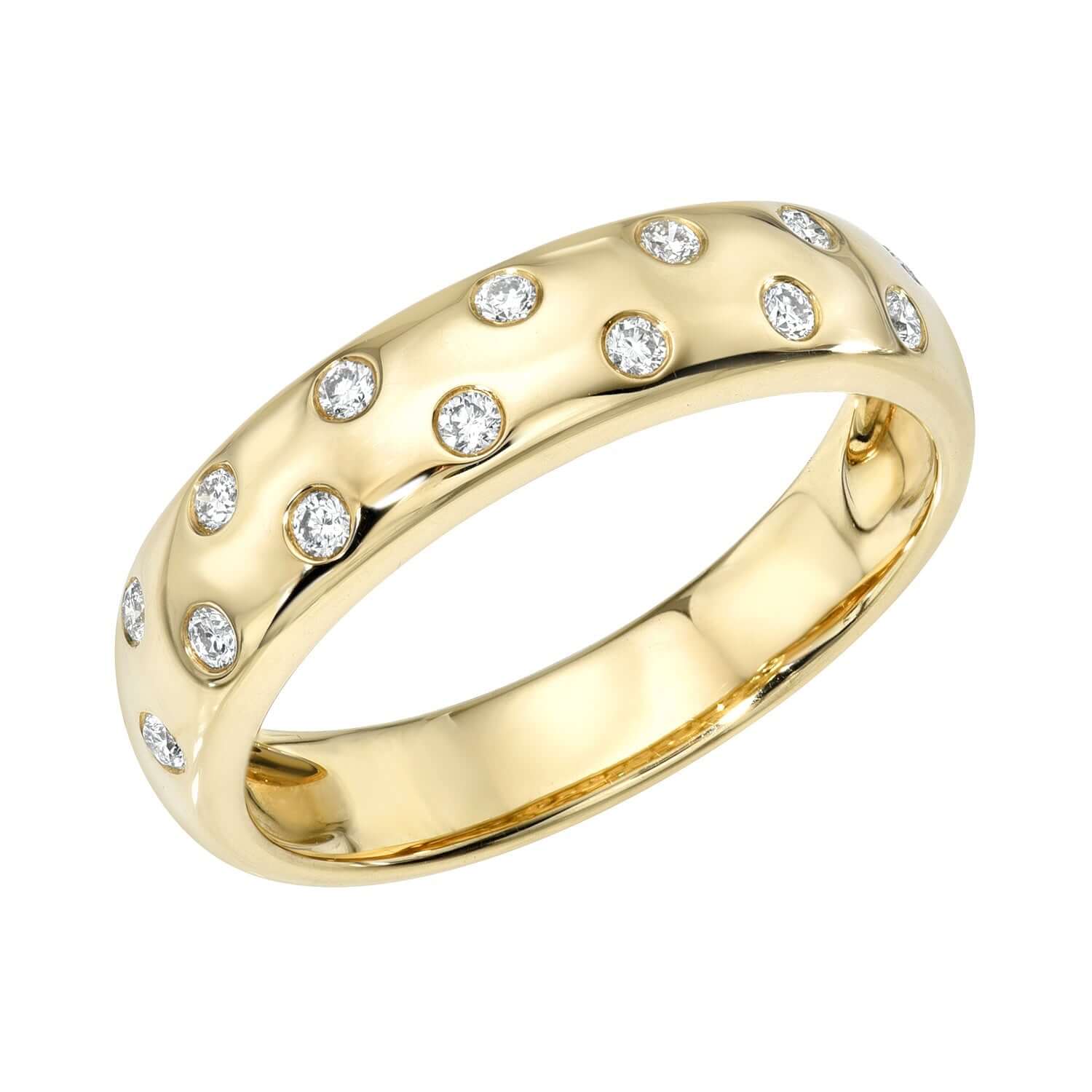 Experience elegance with the Scattered Diamond Ring from Janet Heller Fine Jewelry, boasting a smooth, polished gold band adorned with small round diamonds. Available for preorder, this piece is ideal for those who value timeless fine jewelry.