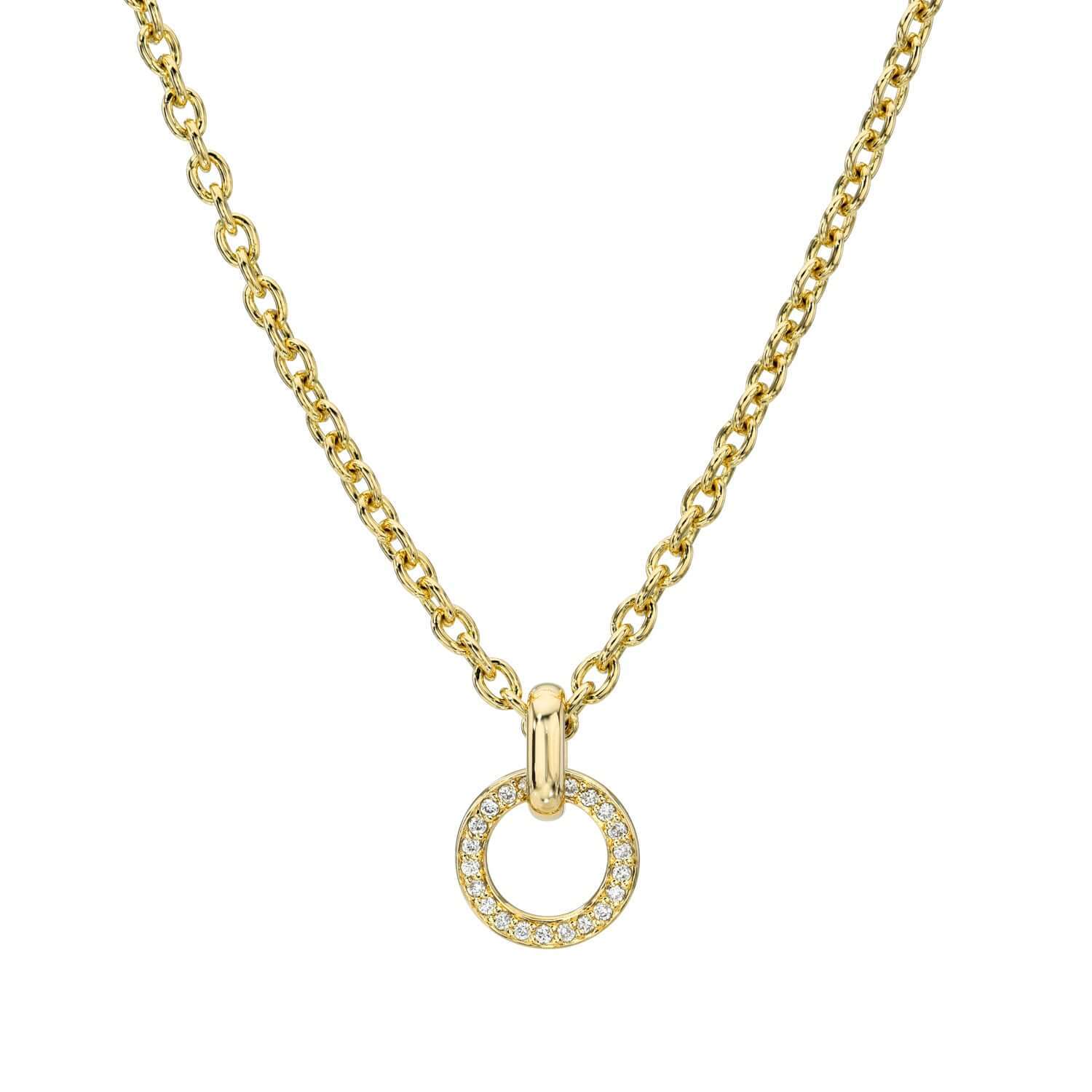The Diamond Barcelona Necklace is a gold chain with a small, circular pendant encrusted with sparkling gemstones—an elegant piece from Janet Heller Fine Jewelry.