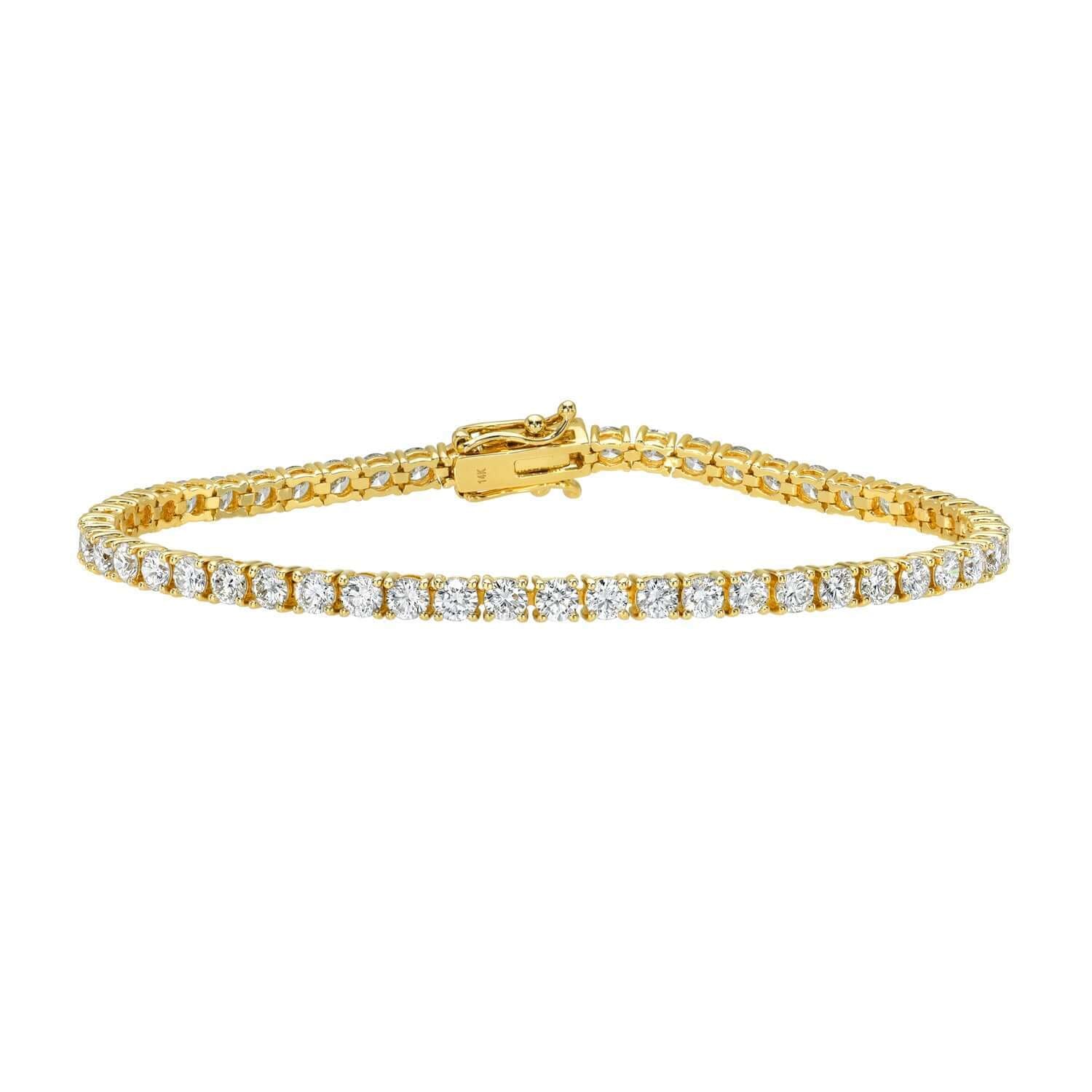 Introducing the 4ct Round Diamond Tennis Bracelet: a stunning piece of fine jewelry featuring a single row of round, sparkling natural diamonds and a secure clasp, beautifully showcased against a white background—an exquisite accessory that radiates timeless elegance.