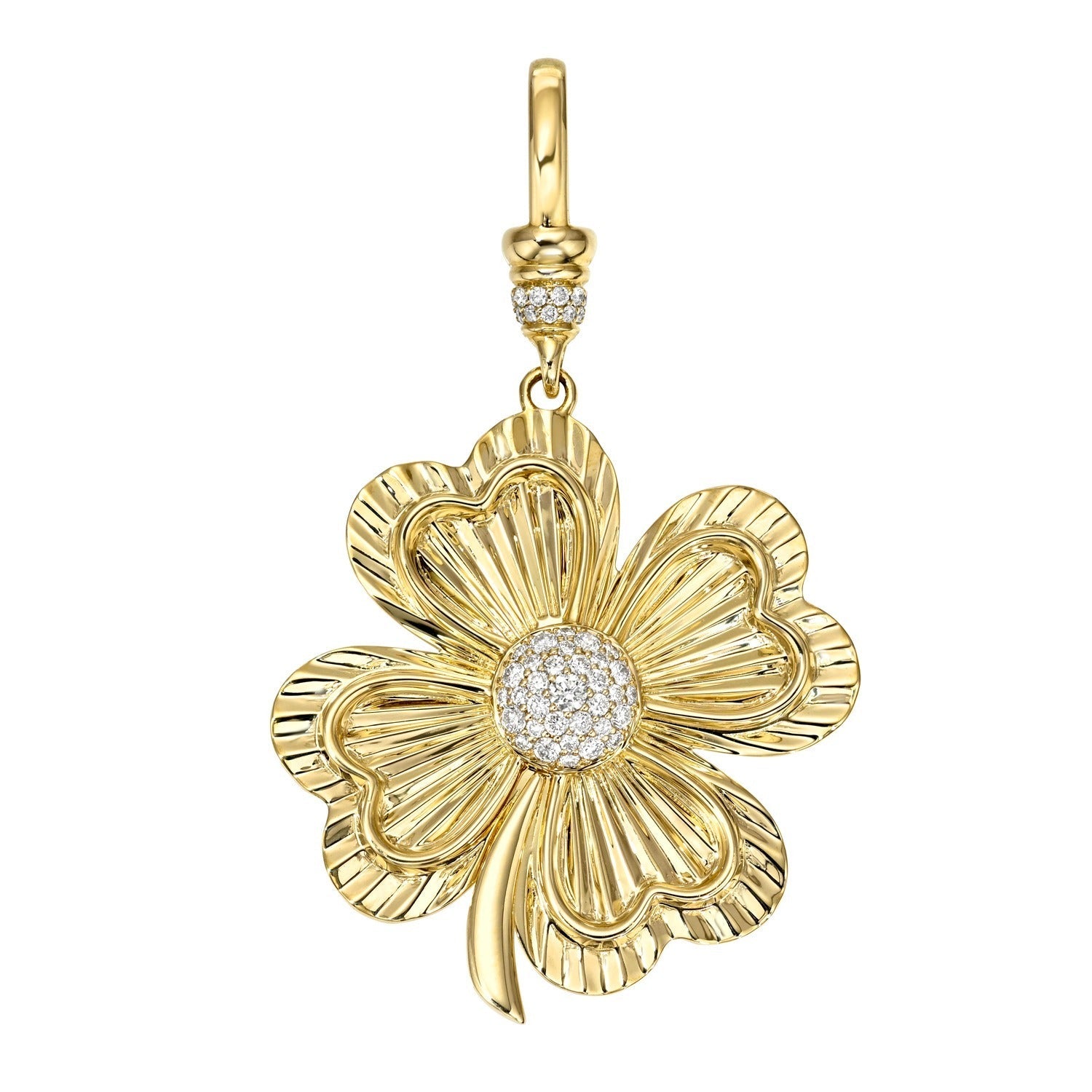 Introducing the Jumbo Diamond Clover Charm: a striking gold four-leaf clover pendant featuring a textured finish and a center adorned with small, sparkling diamonds, elegantly embodying the essence of fine jewelry.