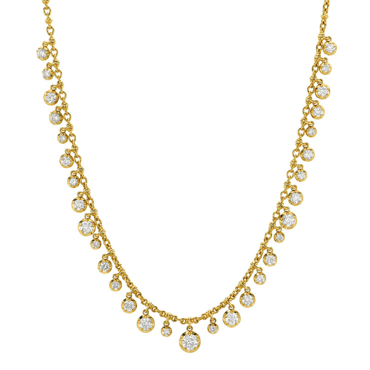 Gold Lab Diamond Dangle Britt Necklace featuring a chain with evenly spaced, dangling round lab diamonds in bezel settings.