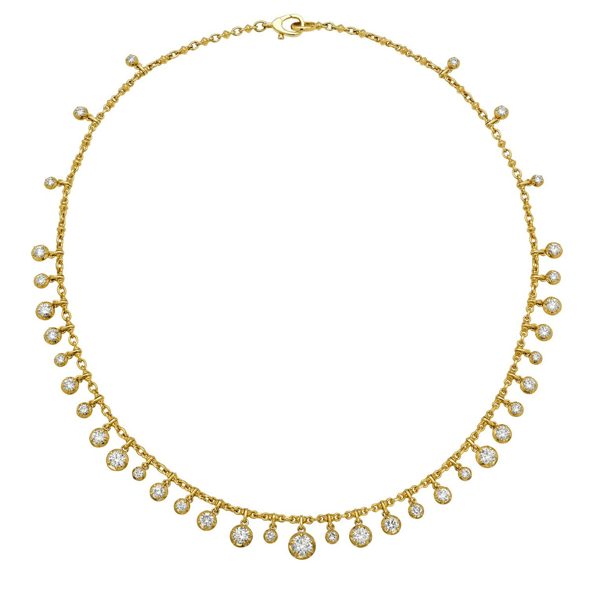 Gold Lab Diamond Dangle Britt Necklace featuring a series of bezel-set round lab diamond dangles of varying lengths.