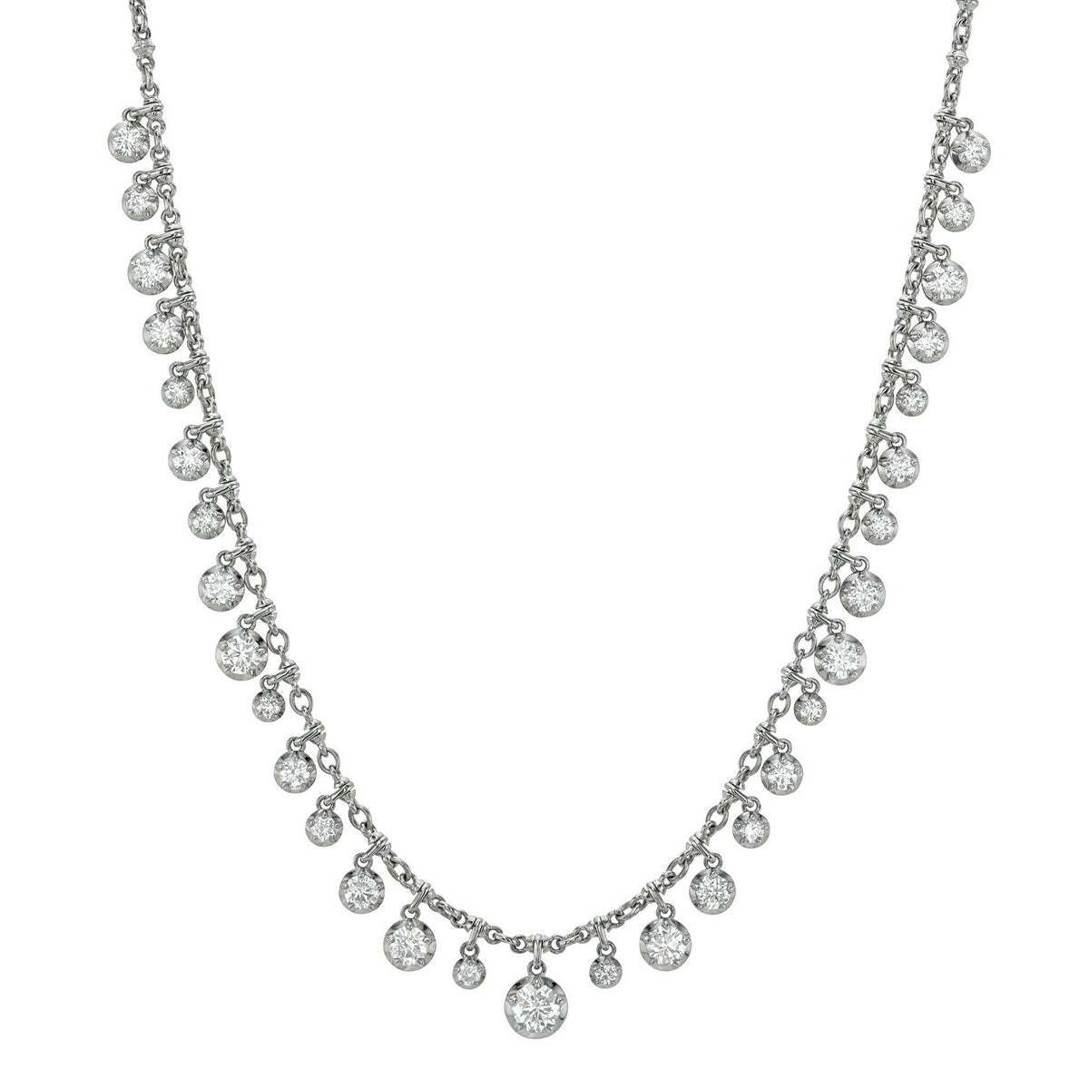 A silver Lab Diamond Dangle Britt necklace featuring a series of small, dangling round-cut lab diamond gemstones.