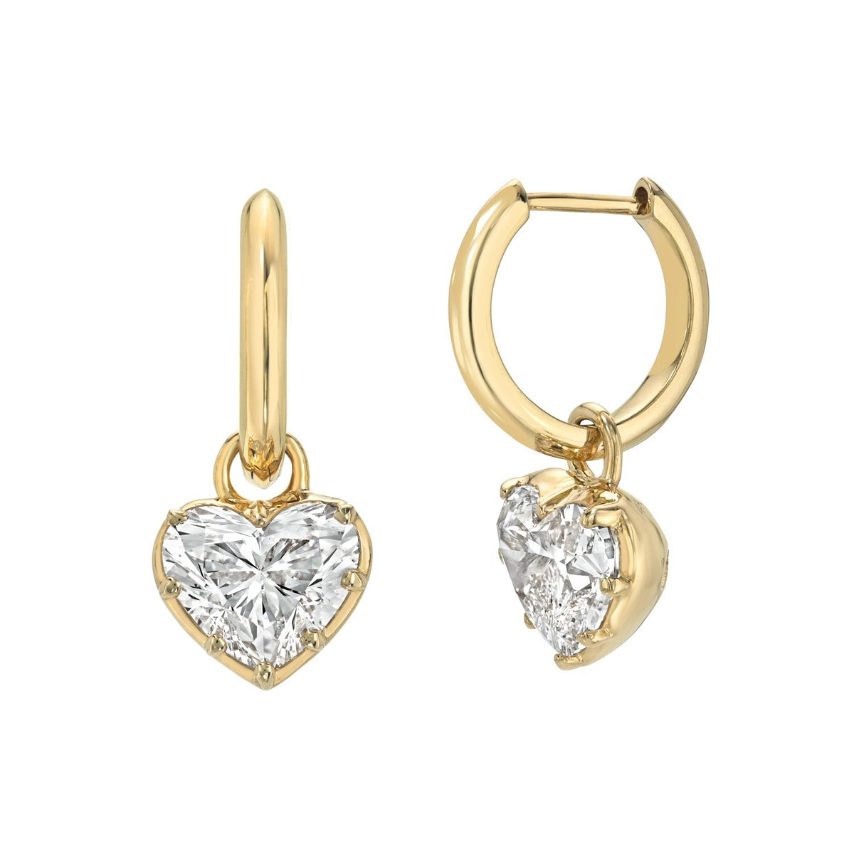 Lab Diamond Heart Hestia Earrings featuring gold hoops with dangling heart-shaped lab diamond charms.