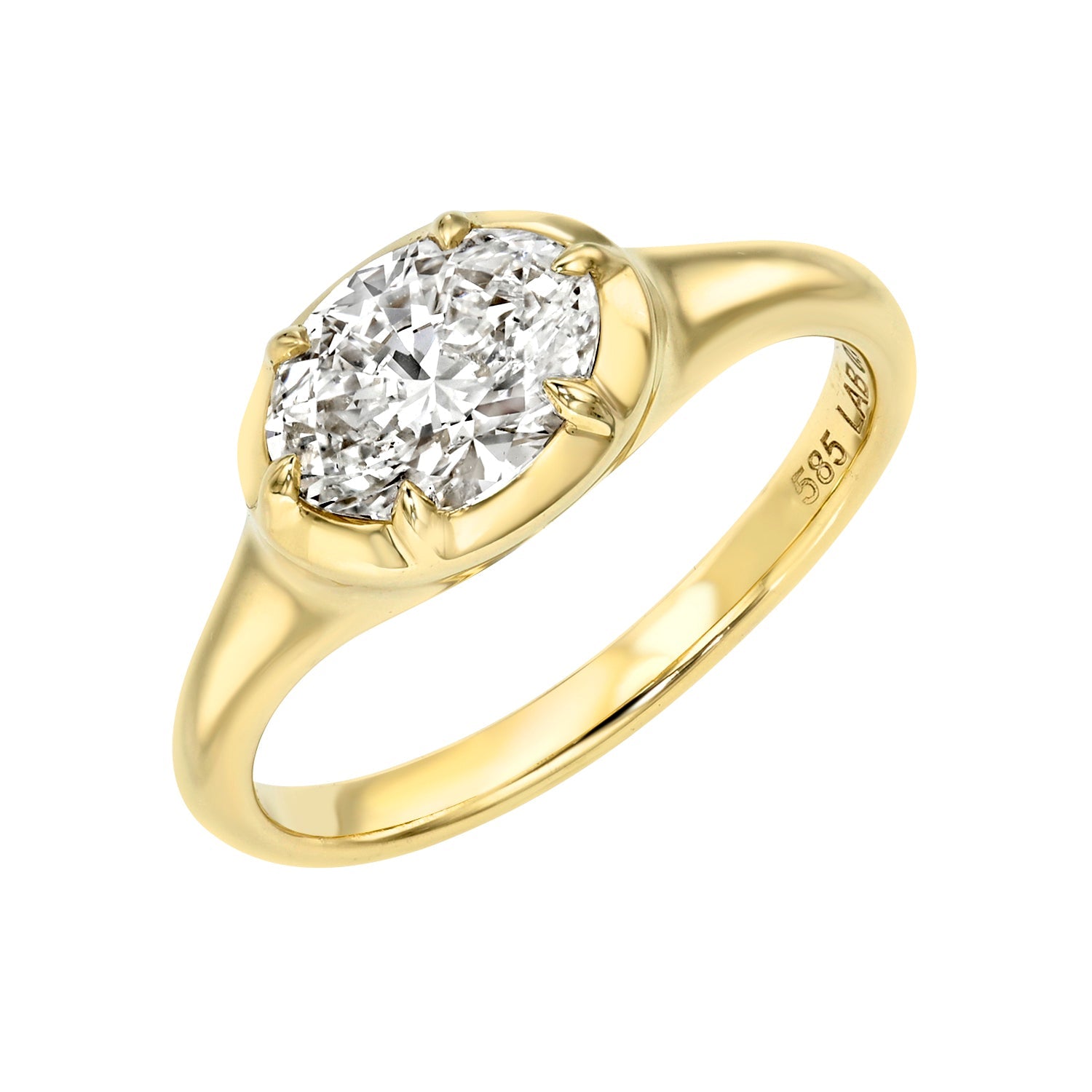 The Oval Lab Diamond Oval Pinky Ring features a faceted lab diamond in a secure claw setting on a sleek, polished gold band engraved with 585.