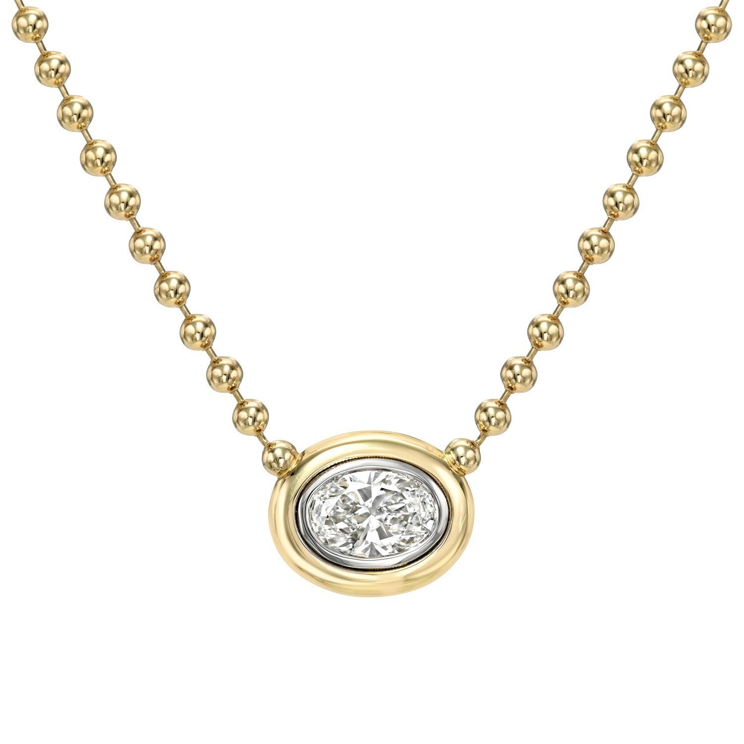 Oval Lab Grown Diamond Bezel Set Necklace featuring a gold bead chain and an oval bezel-set lab grown diamond pendant at the center, displayed on a white background.