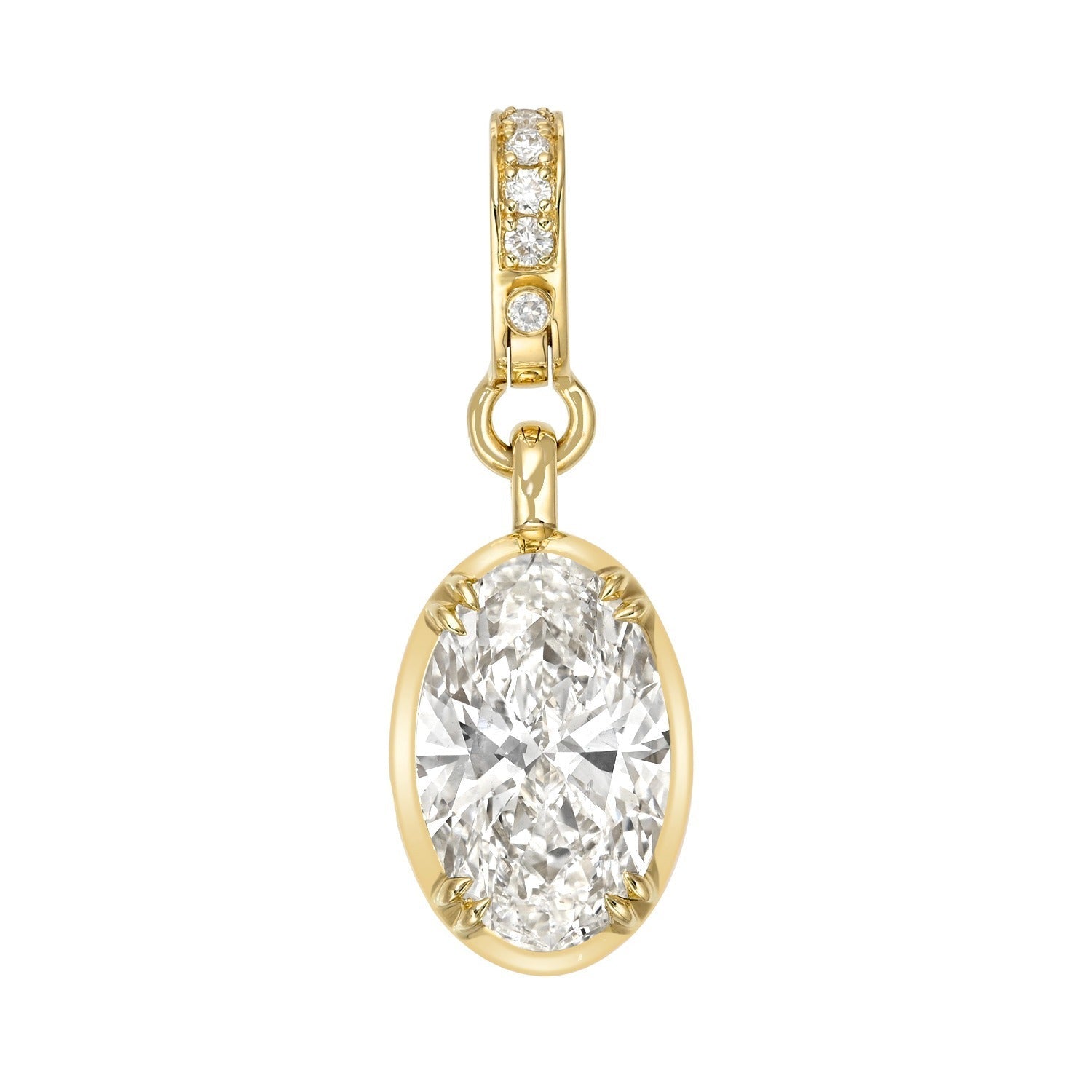 Introducing the Oval Lab Grown Diamond Charm: a stunning piece of fine jewelry featuring an oval-cut lab grown diamond in a prong setting, accented by smaller round stones set into its elegant 14KT gold bail. Perfect for adding sophistication to any occasion.