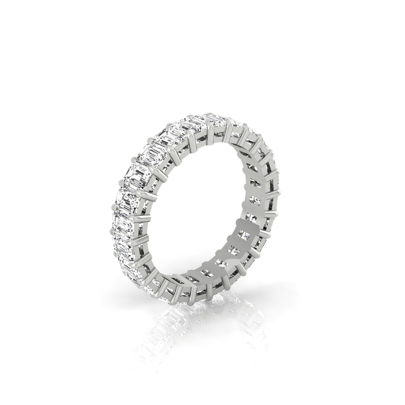 The Full Lab Grown Diamond Eternity Ring from Janet Heller Fine Jewelry, crafted in 18KT gold, features evenly spaced diamonds offered in various shapes and custom carat weights. The color of the diamonds is F and the clarity is VS. This is the perfect wedding band to be worn alone or stacked with your engagement ring.