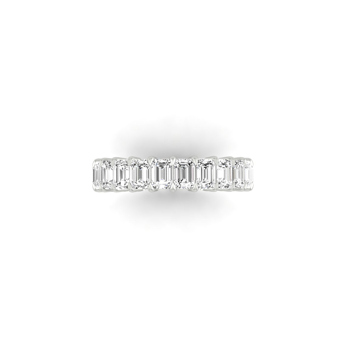 The Full Lab Grown Diamond Eternity Ring from Janet Heller Fine Jewelry, crafted in 18KT gold, features evenly spaced diamonds offered in various shapes and custom carat weights. The color of the diamonds is F and the clarity is VS. This is the perfect wedding band to be worn alone or stacked with your engagement ring.