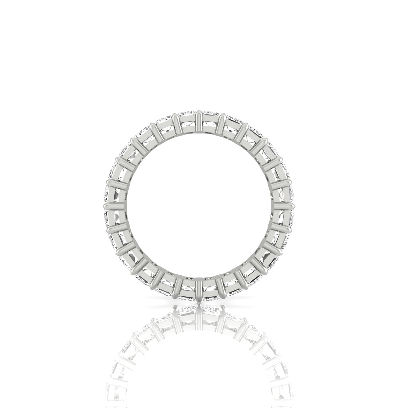 The Full Lab Grown Diamond Eternity Ring from Janet Heller Fine Jewelry, crafted in 18KT gold, features evenly spaced diamonds offered in various shapes and custom carat weights. The color of the diamonds is F and the clarity is VS. This is the perfect wedding band to be worn alone or stacked with your engagement ring.
