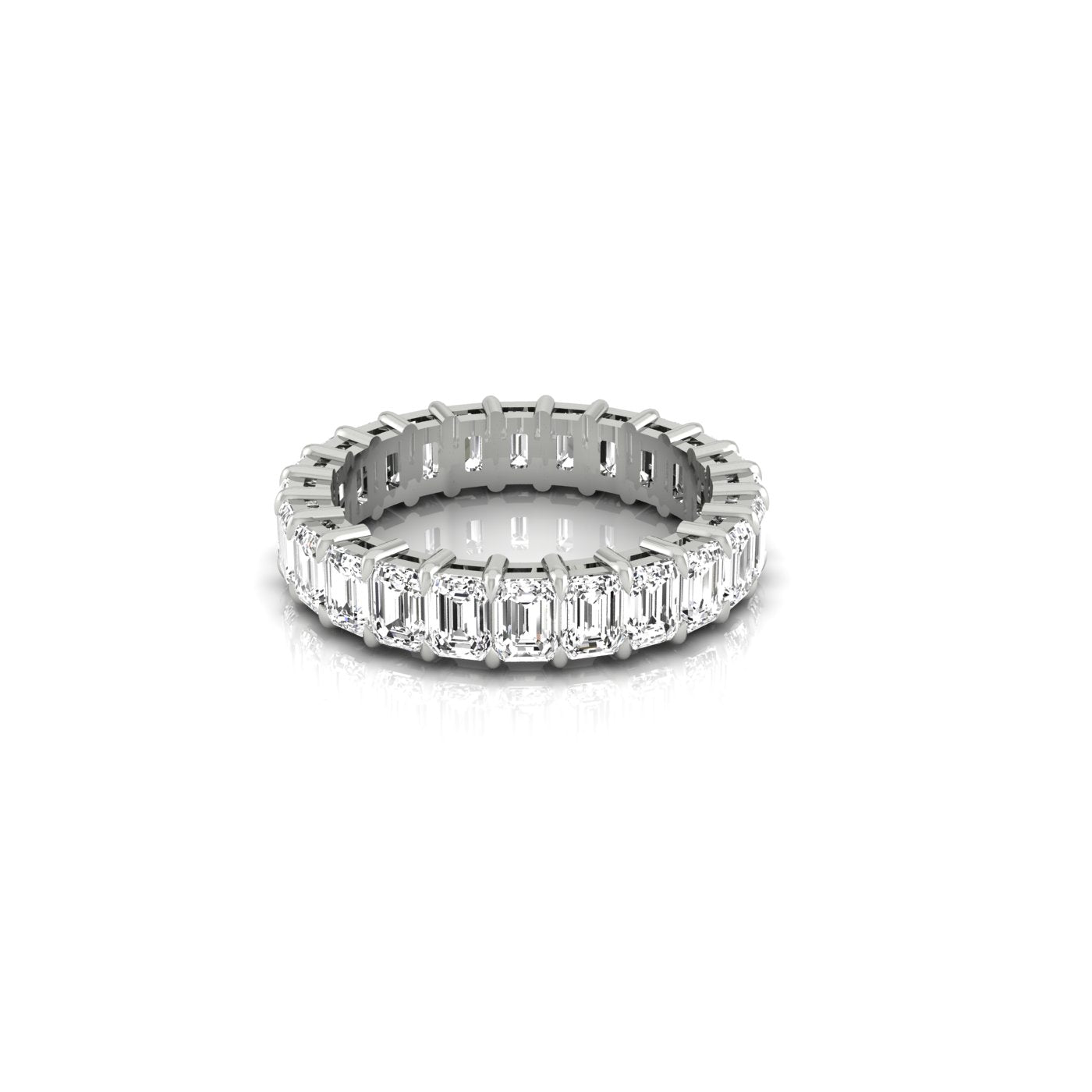The Full Lab Grown Diamond Eternity Ring from Janet Heller Fine Jewelry, crafted in 18KT gold, features evenly spaced diamonds offered in various shapes and custom carat weights. The color of the diamonds is F and the clarity is VS. This is the perfect wedding band to be worn alone or stacked with your engagement ring.