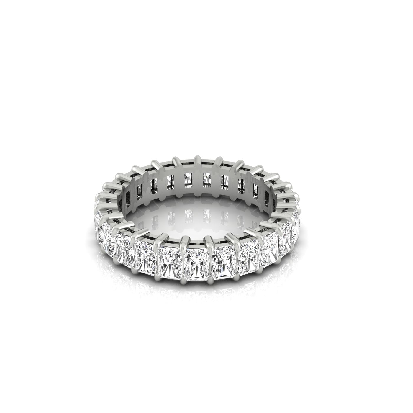 The Full Lab Grown Diamond Eternity Ring features square-cut diamonds, each with F color and VS clarity, set in 18KT gold prongs. It boasts a reflective metallic finish and is displayed elegantly on a plain white background.