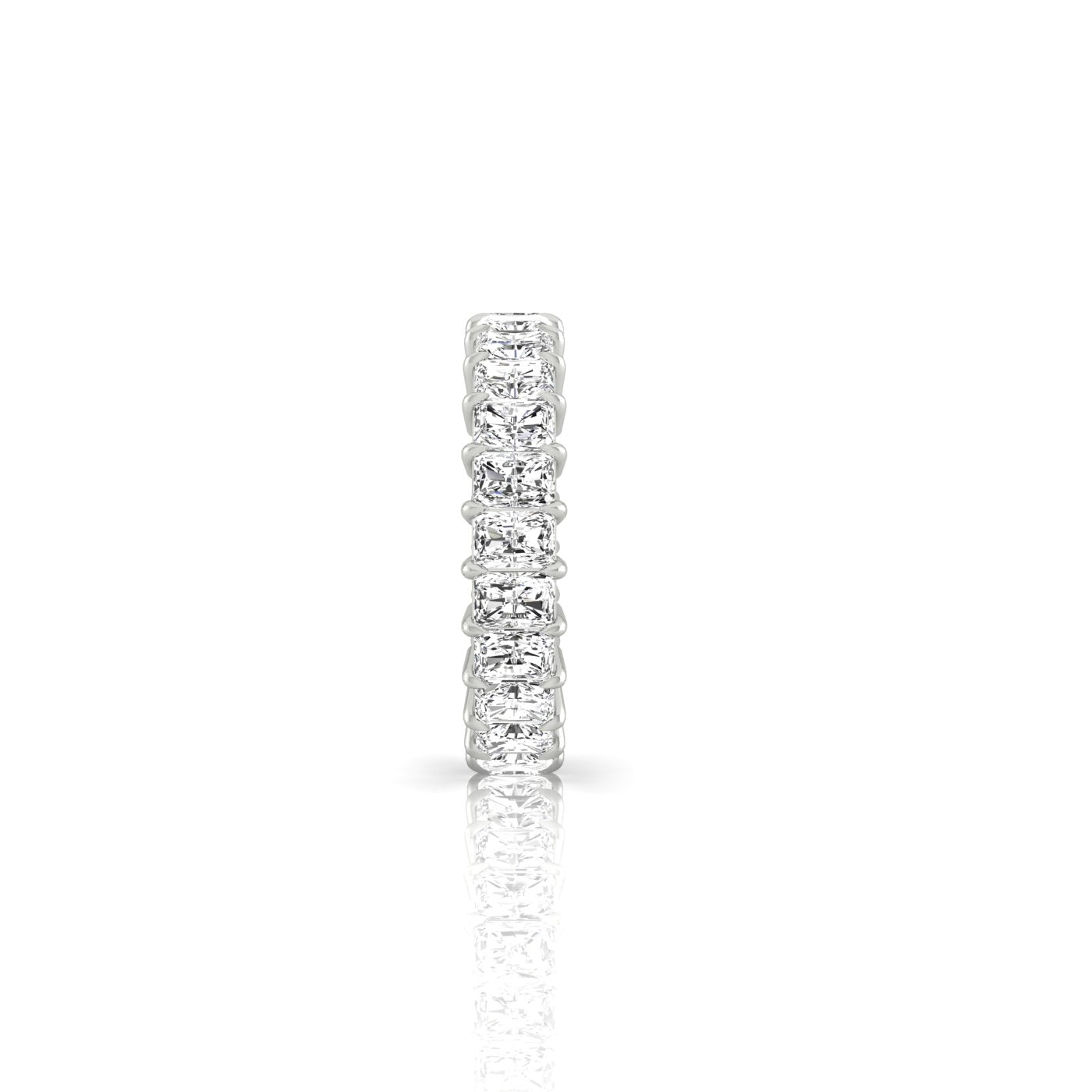 The Full Lab Grown Diamond Eternity Ring boasts a row of small, round diamonds set in radiant 18KT gold, displayed vertically on a pristine white background.