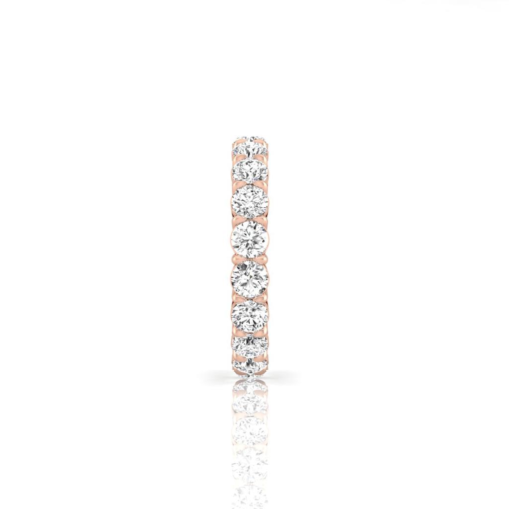 The Full Lab Grown Diamond Eternity Ring, made from 18KT rose gold and adorned with small round diamonds featuring F Color VS Clarity, stands upright against a plain white background to highlight its intricate gemstone design.