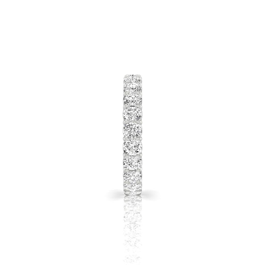 Side view of the 18KT Full Lab Grown Diamond Eternity Ring, featuring a continuous row of F Color VS clarity diamonds on a thin band, displayed against a plain white background to highlight its elegant and sparkling design.