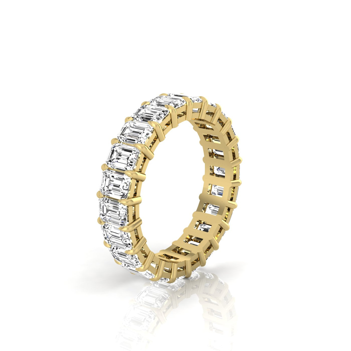 The Full Lab Grown Diamond Eternity Ring from Janet Heller Fine Jewelry, crafted in 18KT gold, features evenly spaced diamonds offered in various shapes and custom carat weights. The color of the diamonds is F and the clarity is VS. This is the perfect wedding band to be worn alone or stacked with your engagement ring.