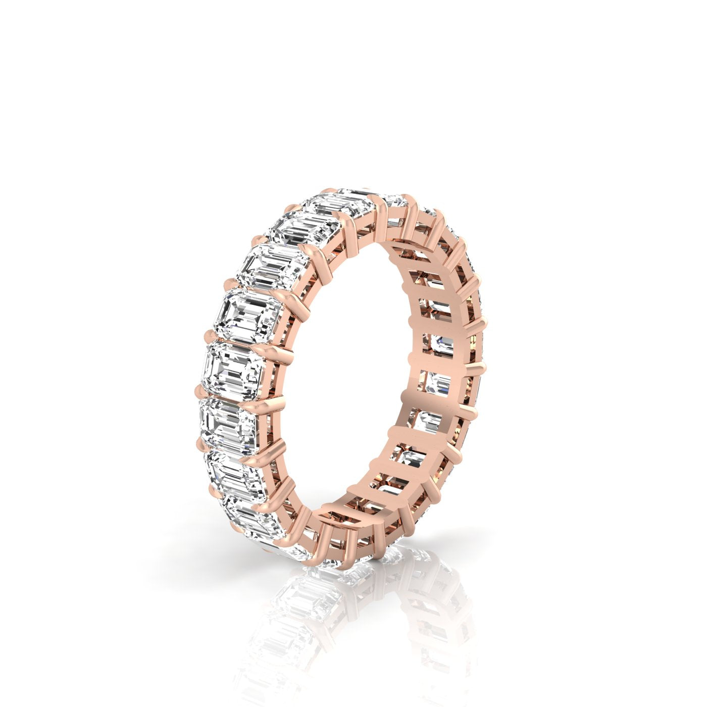 The Full Lab Grown Diamond Eternity Ring from Janet Heller Fine Jewelry, crafted in 18KT gold, features evenly spaced diamonds offered in various shapes and custom carat weights. The color of the diamonds is F and the clarity is VS. This is the perfect wedding band to be worn alone or stacked with your engagement ring.