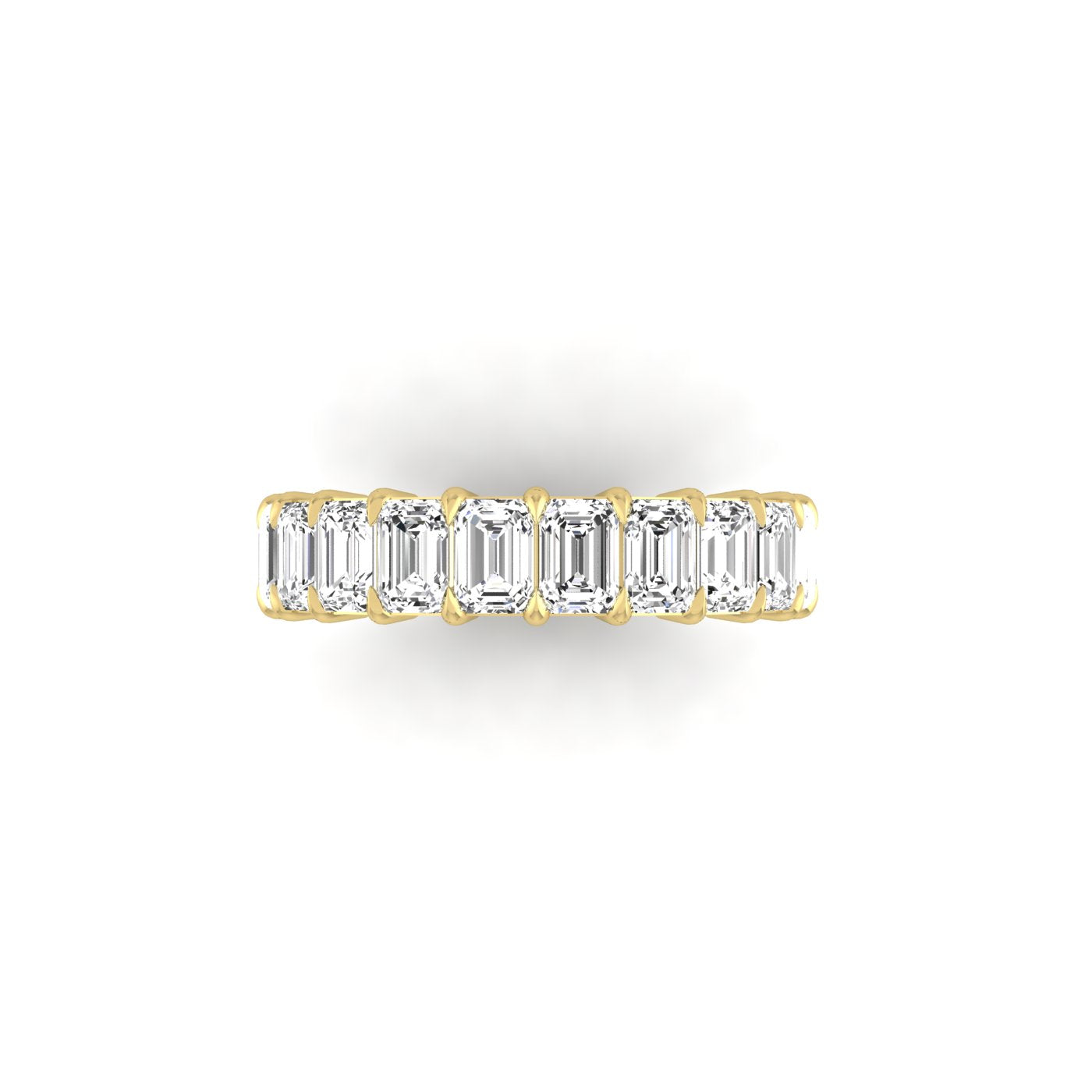The Full Lab Grown Diamond Eternity Ring from Janet Heller Fine Jewelry, crafted in 18KT gold, features evenly spaced diamonds offered in various shapes and custom carat weights. The color of the diamonds is F and the clarity is VS. This is the perfect wedding band to be worn alone or stacked with your engagement ring.
