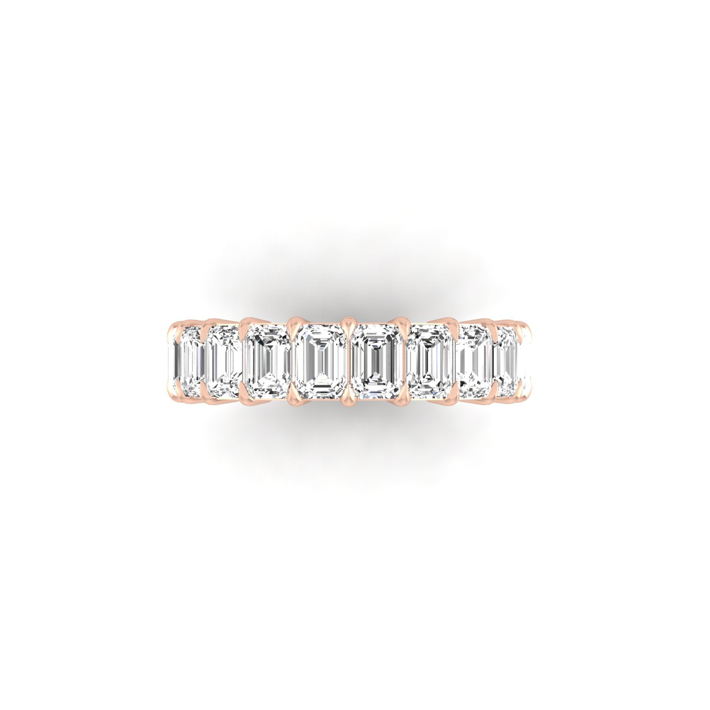 The Full Lab Grown Diamond Eternity Ring from Janet Heller Fine Jewelry, crafted in 18KT gold, features evenly spaced diamonds offered in various shapes and custom carat weights. The color of the diamonds is F and the clarity is VS. This is the perfect wedding band to be worn alone or stacked with your engagement ring.