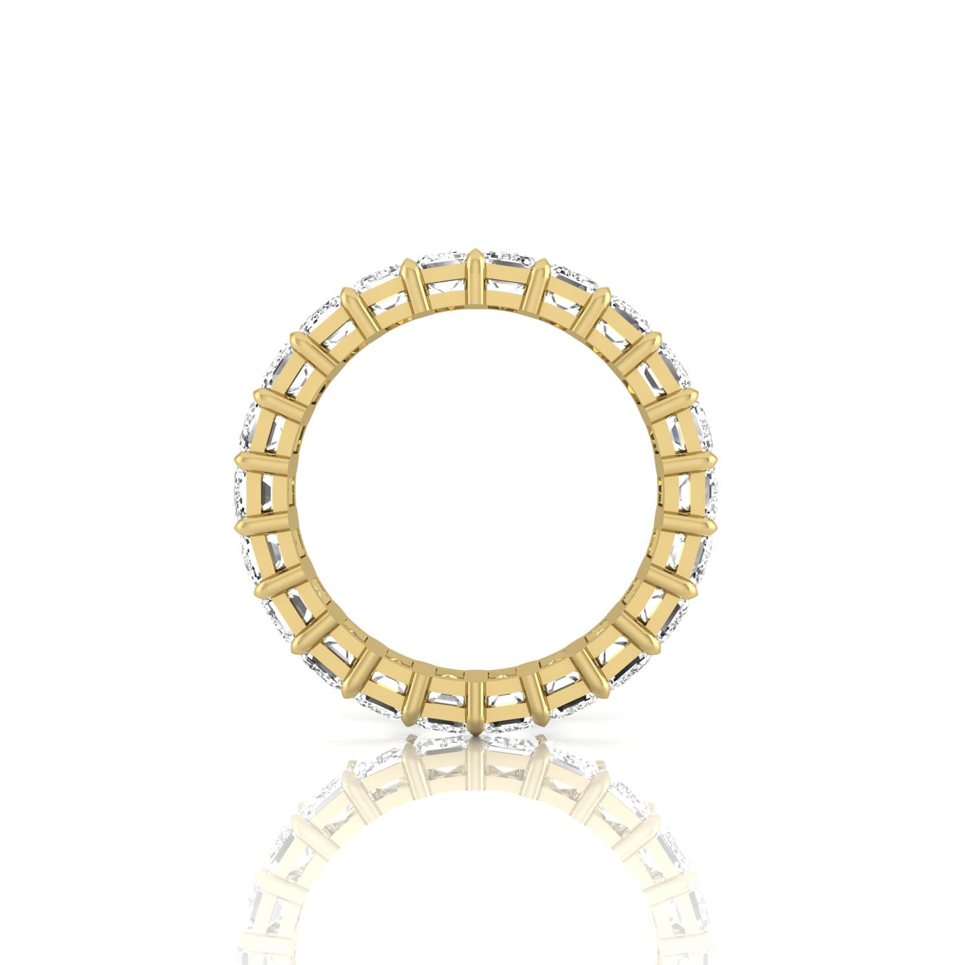 The Full Lab Grown Diamond Eternity Ring from Janet Heller Fine Jewelry, crafted in 18KT gold, features evenly spaced diamonds offered in various shapes and custom carat weights. The color of the diamonds is F and the clarity is VS. This is the perfect wedding band to be worn alone or stacked with your engagement ring.