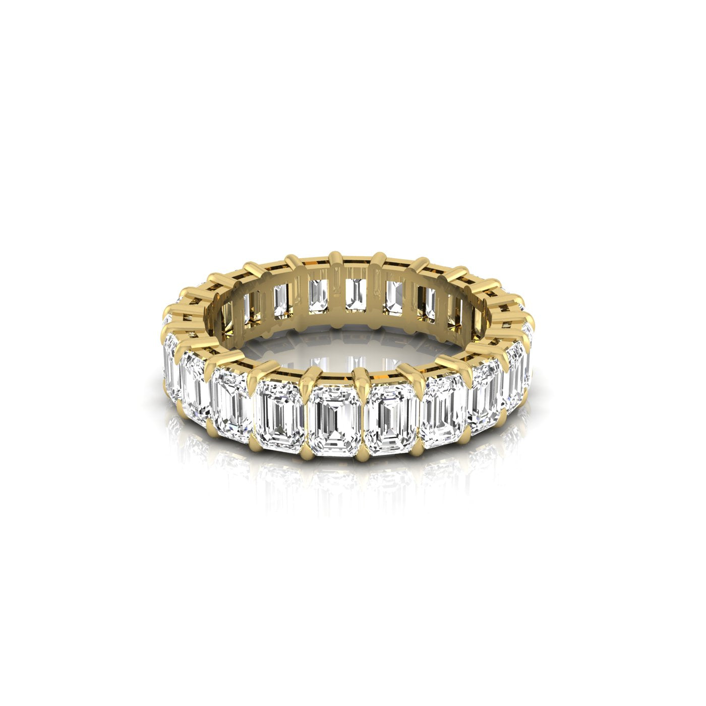 The Full Lab Grown Diamond Eternity Ring from Janet Heller Fine Jewelry, crafted in 18KT gold, features evenly spaced diamonds offered in various shapes and custom carat weights. The color of the diamonds is F and the clarity is VS. This is the perfect wedding band to be worn alone or stacked with your engagement ring.