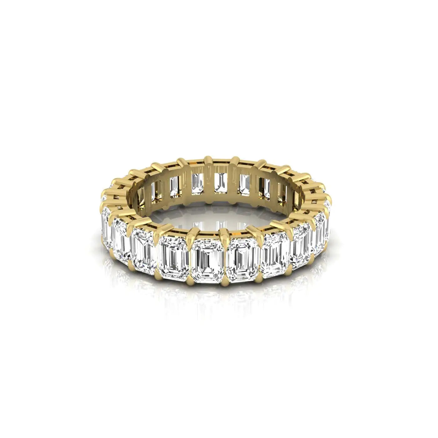 The Full Diamond Eternity Ring from Janet Heller Fine Jewelry, crafted in 18KT gold, features evenly spaced diamonds offered in various shapes and custom carat weights. The color of the diamonds is F and the clarity is VS. This is the perfect wedding band to be worn alone or stacked with your engagement ring.