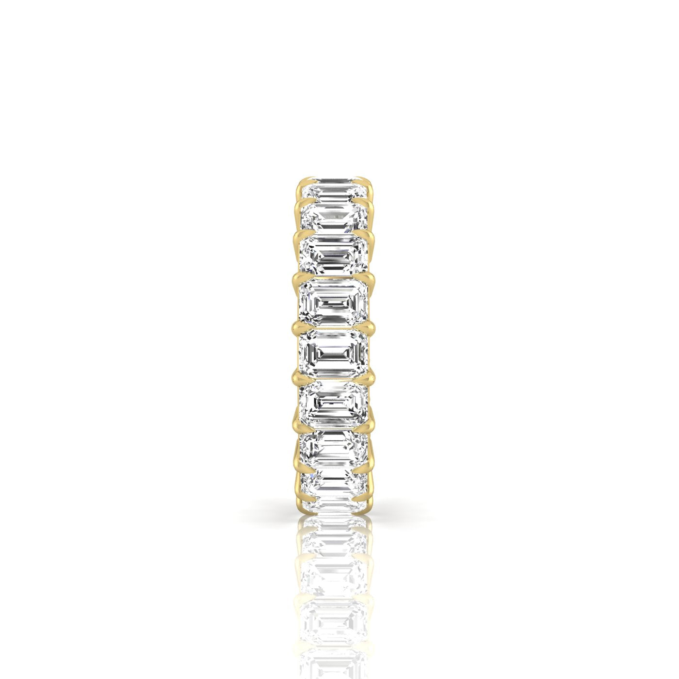 The Full Lab Grown Diamond Eternity Ring from Janet Heller Fine Jewelry, crafted in 18KT gold, features evenly spaced diamonds offered in various shapes and custom carat weights. The color of the diamonds is F and the clarity is VS. This is the perfect wedding band to be worn alone or stacked with your engagement ring.
