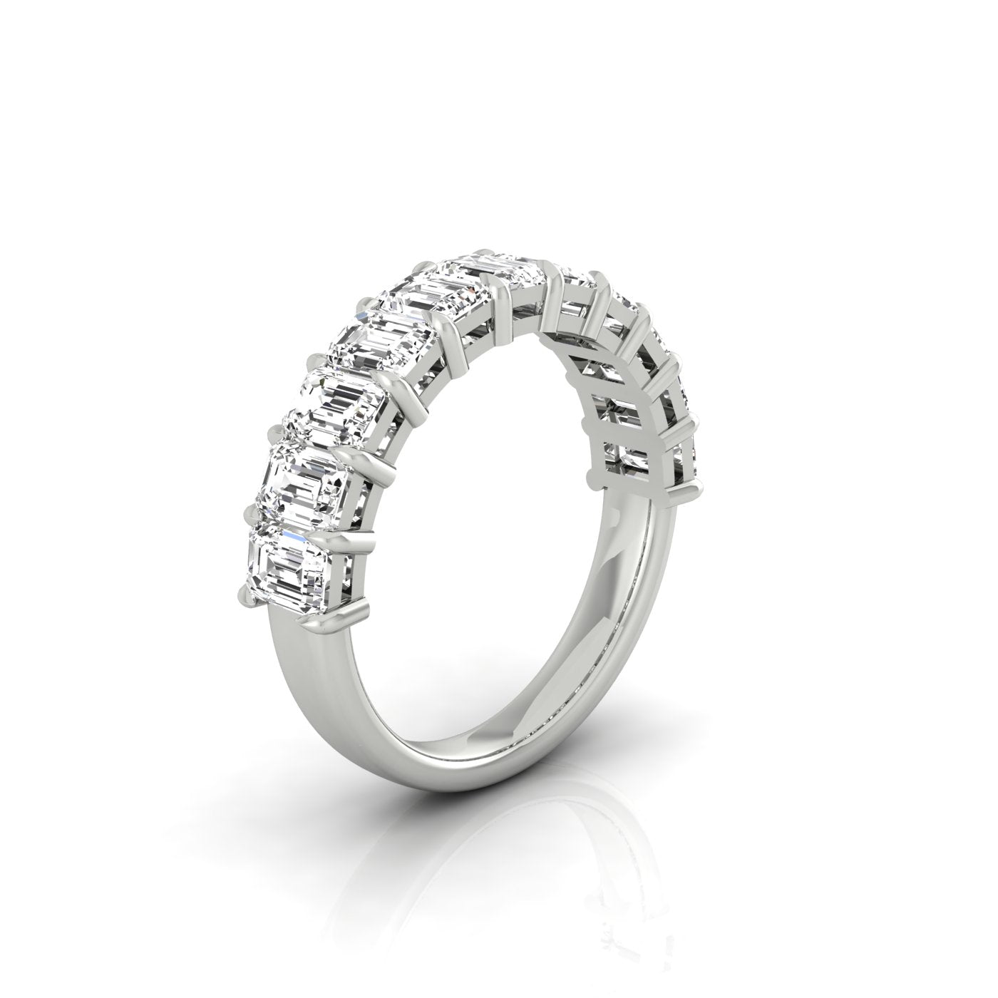 The Half Diamond Eternity Ring features a row of secure four-prong, square-cut VS Clarity diamonds on the top half of a silver band, offering an elegant sparkle. It is showcased upright against a white background.