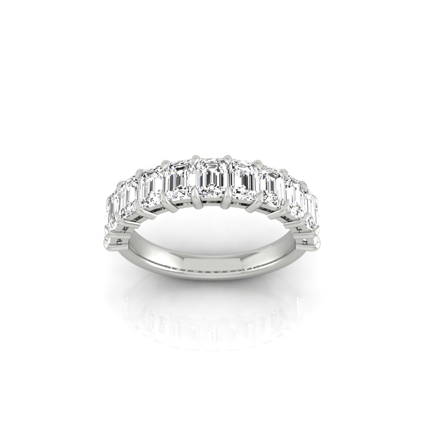 The Half Diamond Eternity Ring showcases a row of emerald-cut diamonds with VS Clarity, set in silver along the band and elegantly displayed against a plain white background.