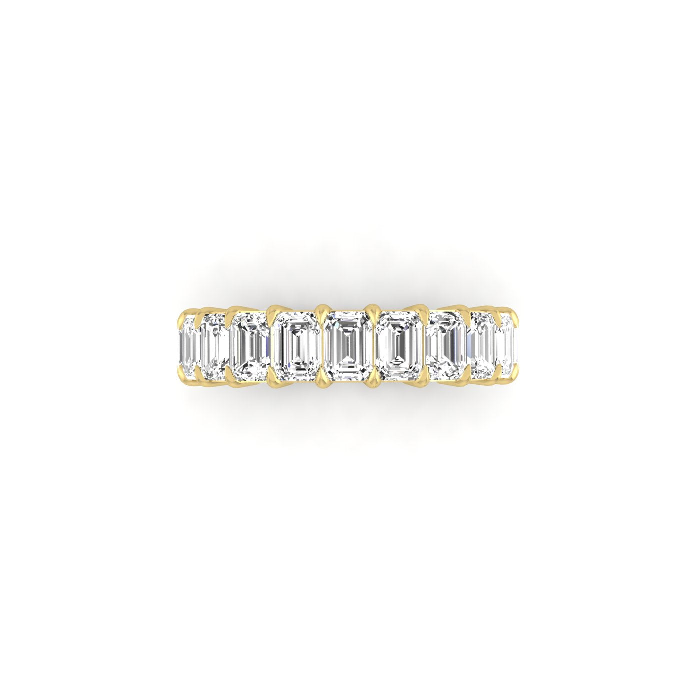 The Half Diamond Eternity Ring is an 18KT gold band adorned with rectangular-cut clear gemstones and VS Clarity diamonds, evenly spaced around the ring. Displayed on a plain white background, it highlights the rings intricate design and sparkling gems.