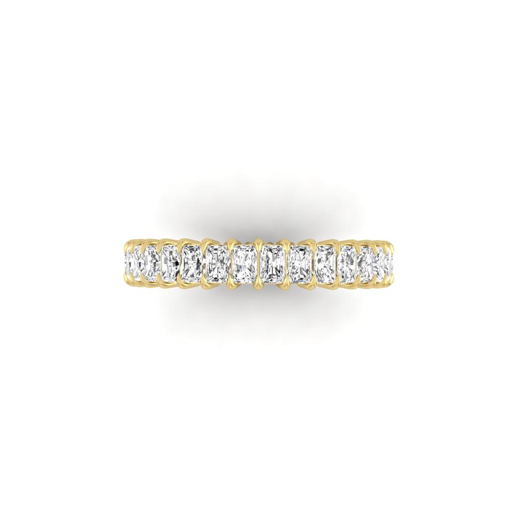 Viewed from above on a white background, the Full Lab Grown Diamond Eternity Ring in 18KT gold sparkles brilliantly with its row of F Color VS Clarity diamonds, enhancing its luxurious appeal.