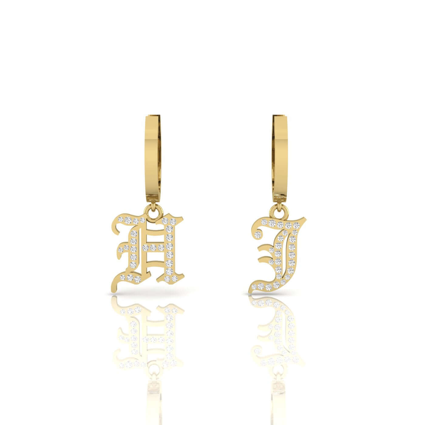 Small Old English Initial Huggies, featuring gold hoop earrings with dangling old English-style letter charms—one H and one J—each adorned with small clear gemstones, displayed on a white background.