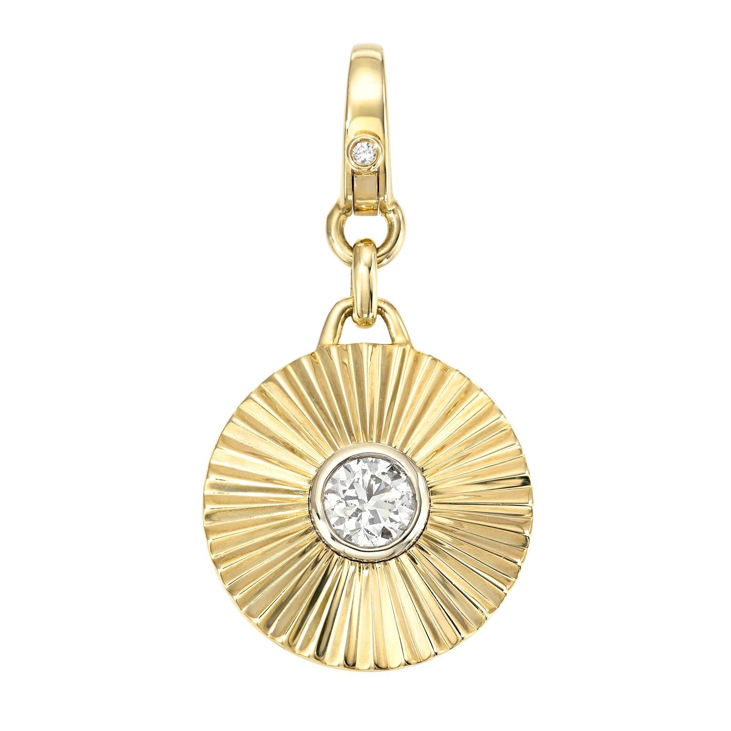 Ribbed Diamond Cut Wheel Charm featuring a textured sunburst design with a central round diamond and an accent diamond set in the bail—crafted by Janet Heller Fine Jewelry, this gold charm is a striking addition to any collection.