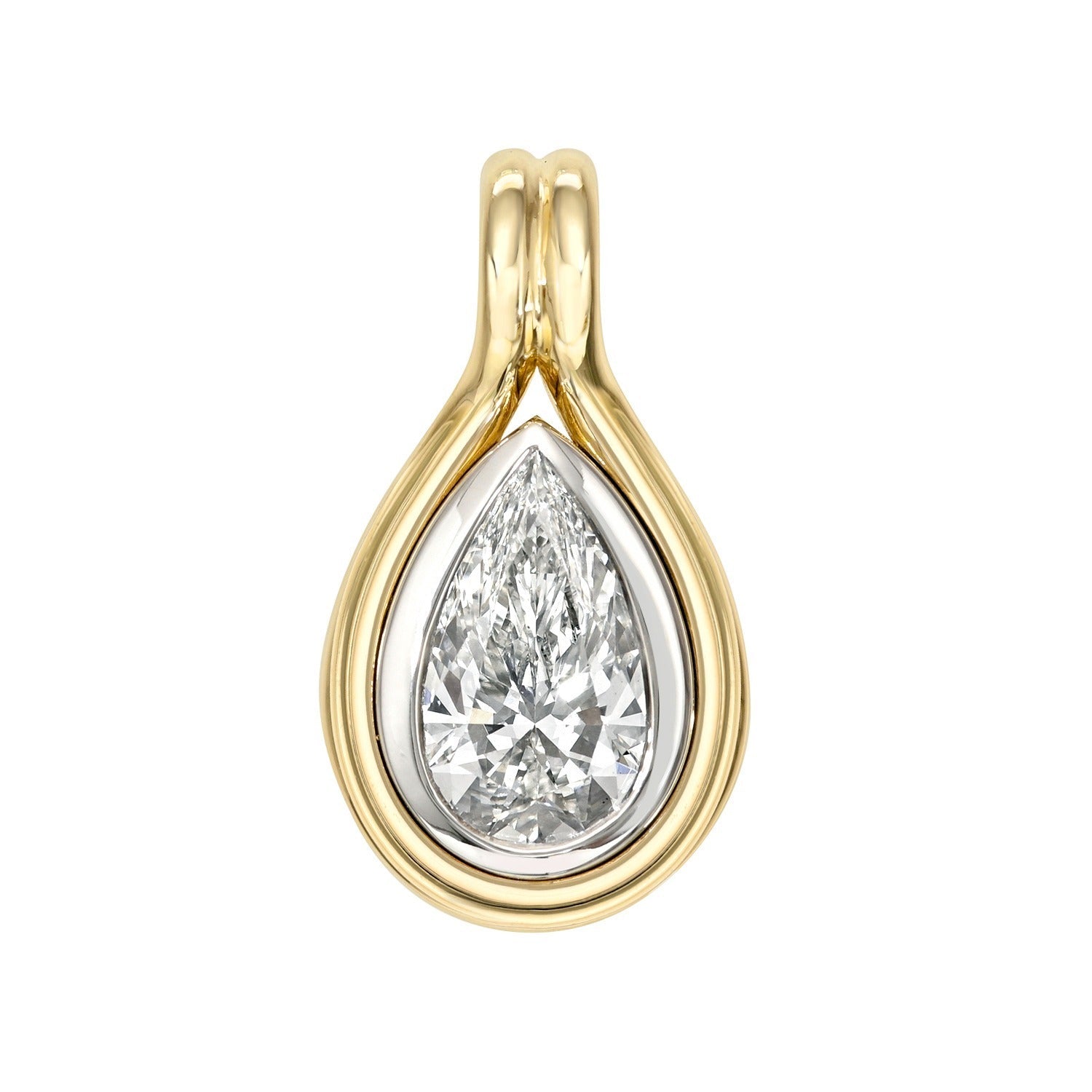 Introducing the Two Tone Pear Lab Diamond Charm: a dazzling pear-shaped lab diamond pendant set in a yellow gold bezel with a white gold inner border. Designed with a loop at the top for easy attachment to any chain, this 14KT gold charm features a brilliant, polished finish—making it an elegant addition to your favorite charm necklace.