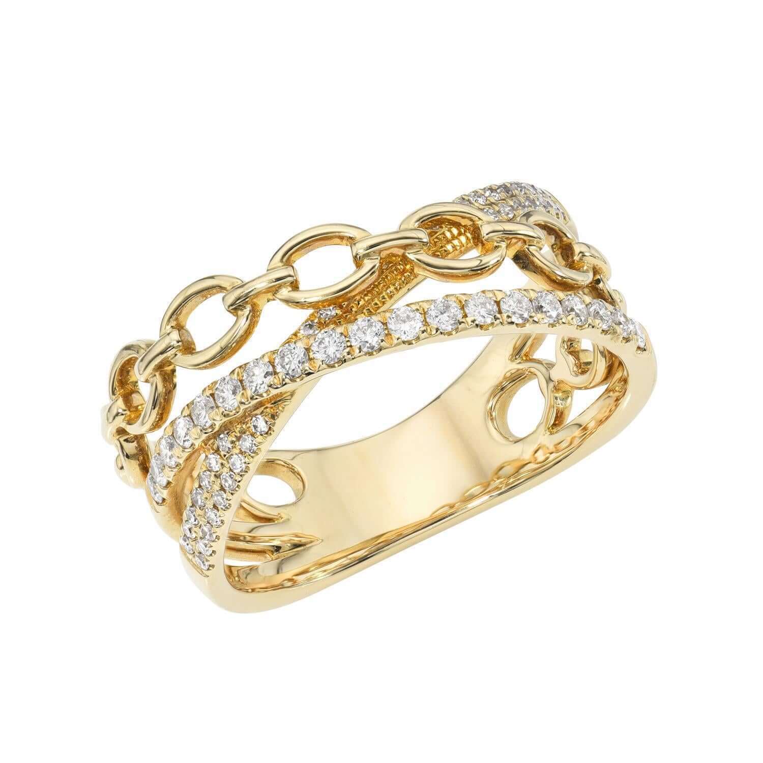 Introducing the Diamond Chain Link Crossover Ring by Janet Heller—a stunning gold ring featuring a chain link design and two rows of sparkling white stones set along the band. This fine jewelry piece is available for preorder.