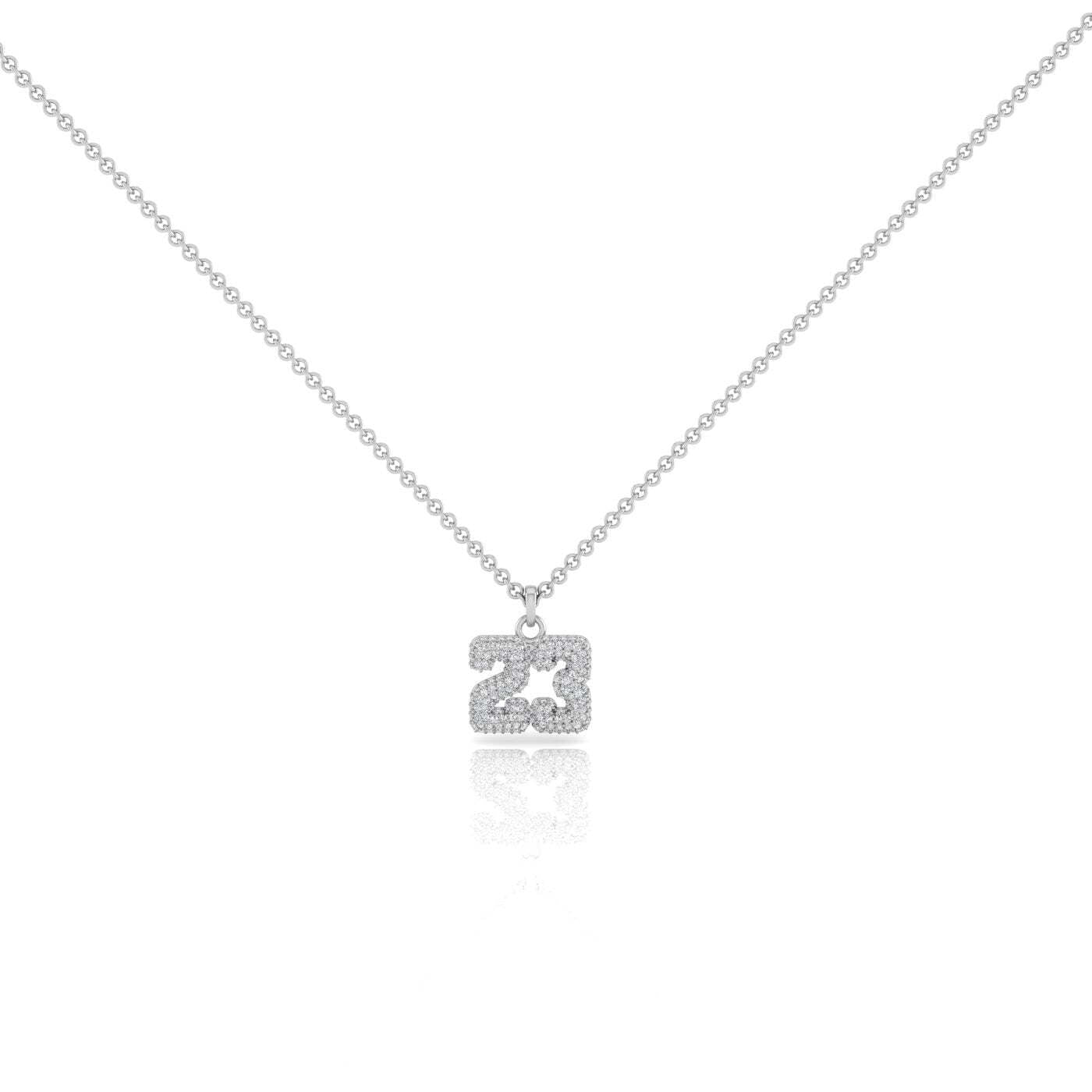 Varsity Diamond Number Necklace—a silver chain necklace featuring a customizable number-shaped pendant, adorned with sparkling clear crystals and displayed on a plain white background—an exquisite piece of personalized jewelry perfect for adding a unique touch to any collection.