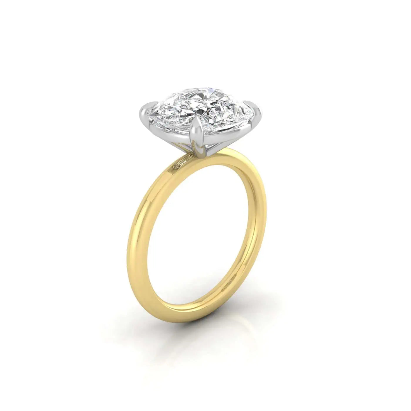 The Solitaire ring features an 18KT gold band with a stunning diamond set in a four-prong platinum head, displayed elegantly on a white background.