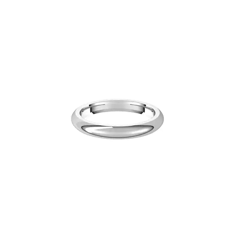 The 3mm Half Round Wedding Ring is a plain, elegant, shiny silver band with a smooth, polished surface. It sits on a white background reflecting light and showcasing its seamless rounded design.