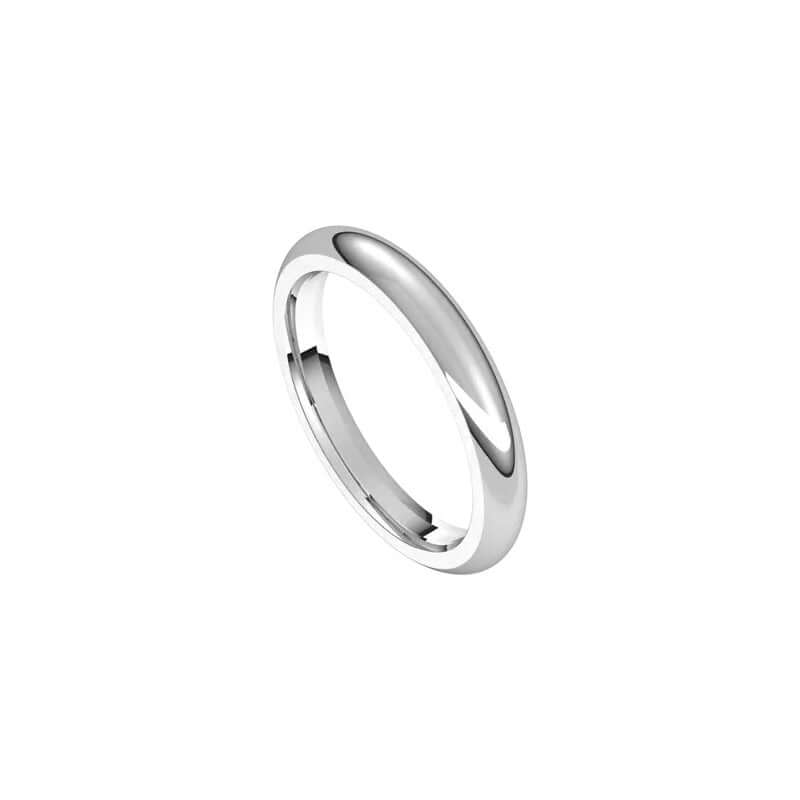 The 3mm Half Round Wedding Ring, featuring a plain silver band with a shiny, smooth surface and a classic rounded design, is displayed against a white background.
