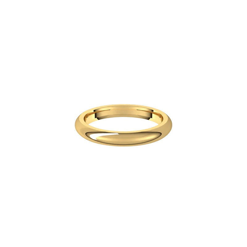 The 3mm Half Round Wedding Ring, featuring a smooth, rounded surface and a standard fit in polished gold, is displayed on a plain white background.