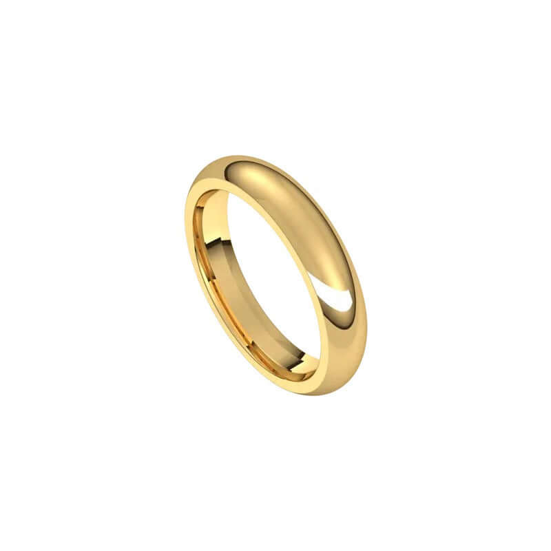 A sleek, polished 4mm Half Round Wedding Ring in gold with a timeless design set against a white background.